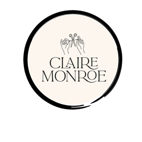 Logo: beige circular badge with a black brushstroke border, featuring two hands holding scissors above the text 'CLAIRE MONROE'.
