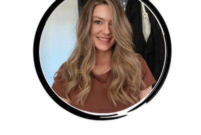Profile photo: smiling woman with long blonde hair in a brown top, inside a circular frame.