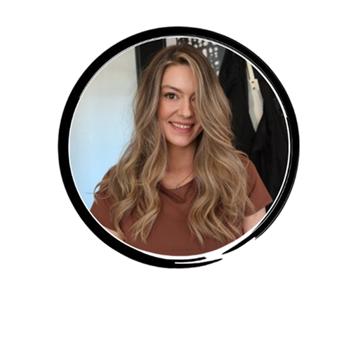 Profile photo: smiling woman with long blonde hair in a brown top, inside a circular frame.